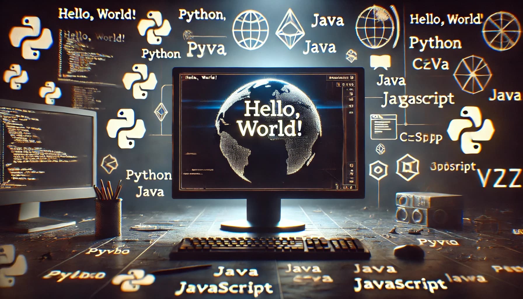 A glowing computer monitor in a dark room, displaying the text "Hello, World!" with floating icons and symbols of various programming languages around it, symbolizing the world of programming.